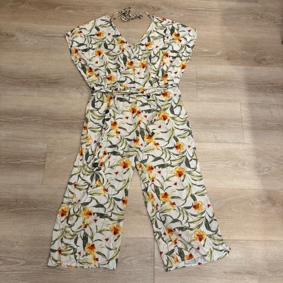 Kensie Jeans 100% Linen Floral Print Jumpsuit Relaxed Boho Lagenlook Sz Large - Picture 2 of 12